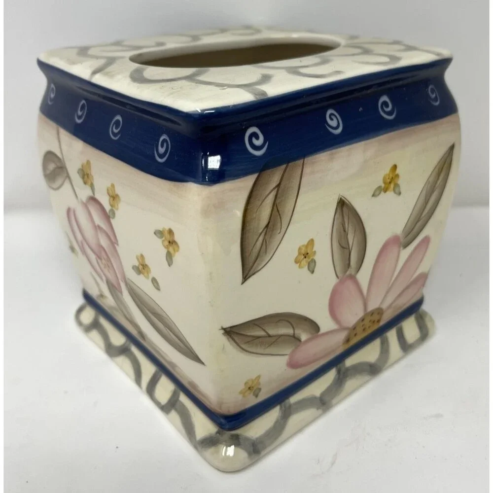 Vintage Home Interiors Magnolia Ceramic Square Tissue Cover Pink Blue Floral